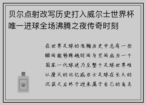 贝尔点射改写历史打入威尔士世界杯唯一进球全场沸腾之夜传奇时刻